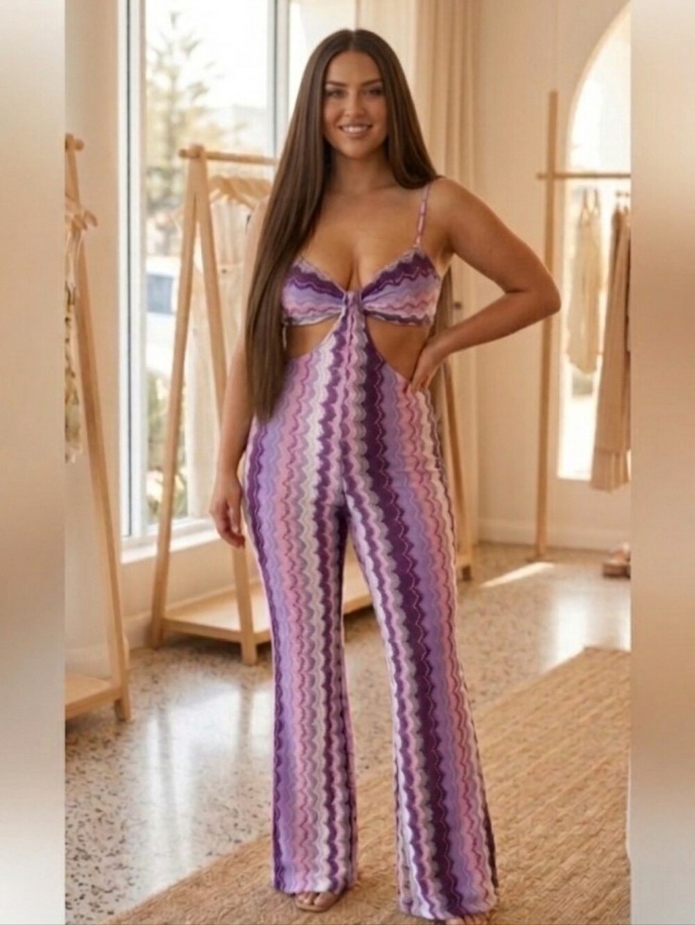 NWT L.I.F.E. Chevron Print Cutout Waist Jumpsuit Purple Pink White M